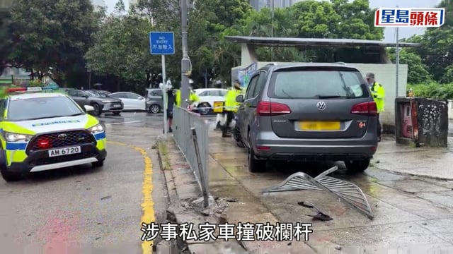 火炭私家車撞欄剷上行人路 男司機一度被困車內顫抖 地盤保安打破車窗救人